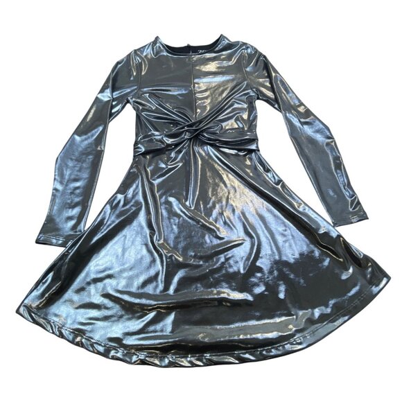 Zara Girls Metallic Silver Long Sleeve Dress Knot Front Shiny Party Size 10 - Picture 1 of 7